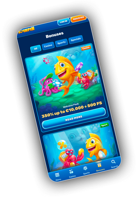SpinFin promotions area listing the welcome pack, the reload offers and the cashback tiers