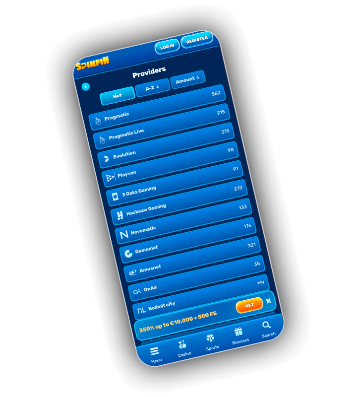 SpinFin provider list with eighteen studio names supplying the slots and live tables