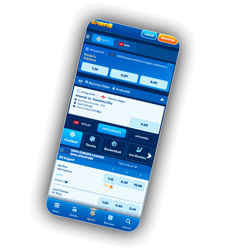 SpinFin sportsbook with football, tennis and basketball markets and live betting prices